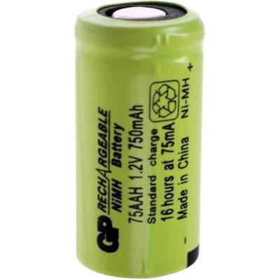 Zelena NiMH baterija s natpisom '750mAh 1.2V' i 'Standardno punjenje 16 sati pri 75mA'. Pravokutni simbol recikliranja.