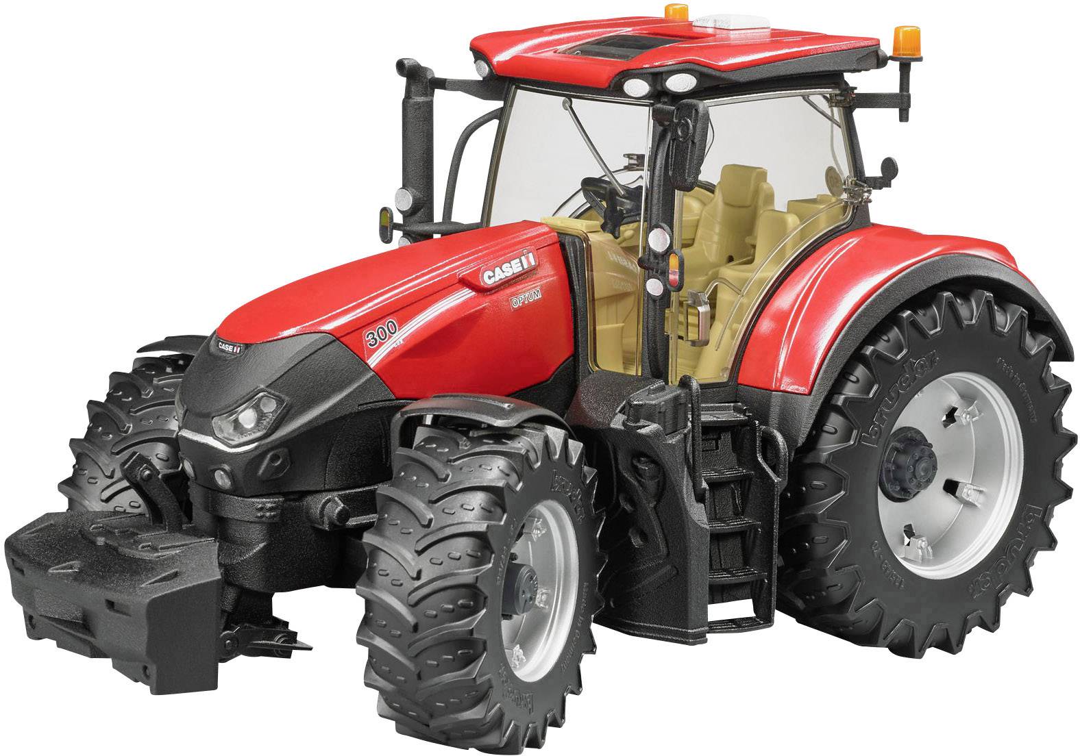 Crveni igračka traktor s velikim gumama na svijetloj pozadini, prikazuje model 'Case IH Optum 300'.