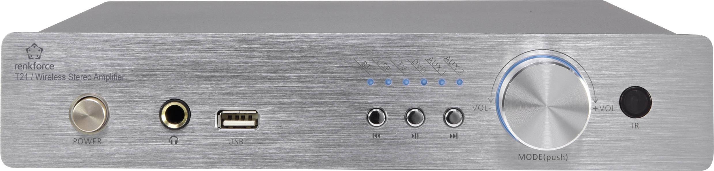 Srebrni audio pojačalo s regulatorom glasnoće, uključno/isključno tipkom i nekoliko priključaka sprijeda. Pogodan za glazbene ili kućne kino primjene.