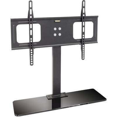 Stalak za televizor: Crni metalni stalak s pravokutnom bazom i podesivim krakovima, pogodan za postavljanje TV-a.