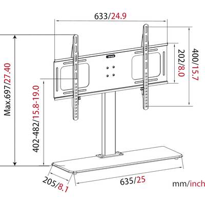 'Tehnički nacrt TV stalka s mjerama. Horizontalna širina 633 mm/24,9 inča, visina 697 mm/27,4 inča, dubina 205 mm/8,1 inča.'