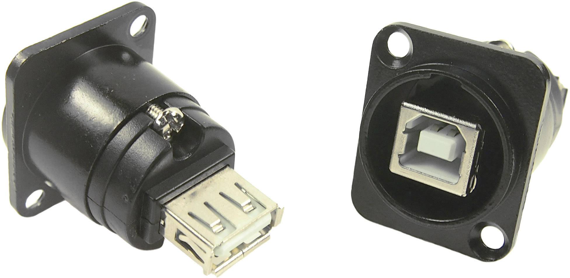 Dva crna USB priključka: lijevo USB-A utikač i desno USB-B utičnica, oba ugrađena u plastična kućišta.