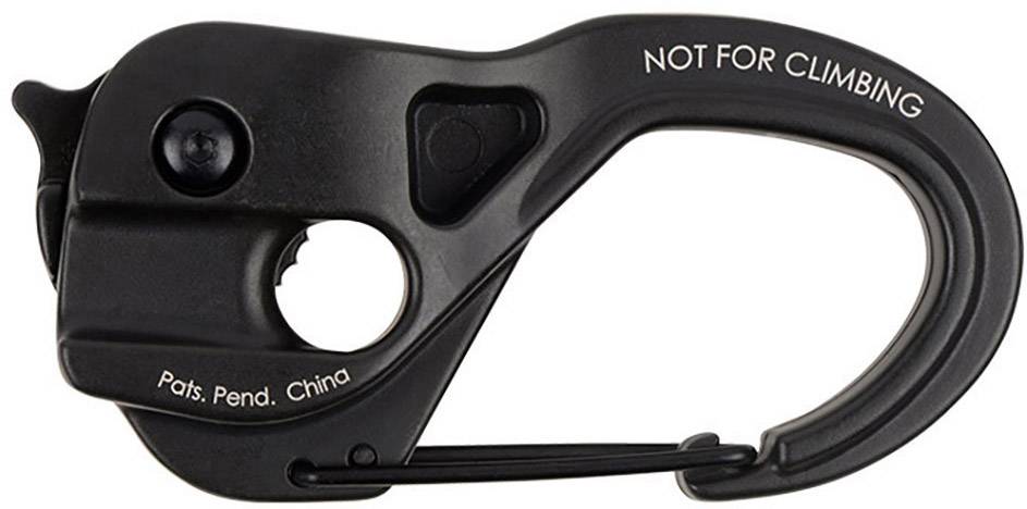 Crni karabiner s natpisom 'NOT FOR CLIMBING'. Napomena o upotrebi koja ukazuje da nije prikladan za penjanje.