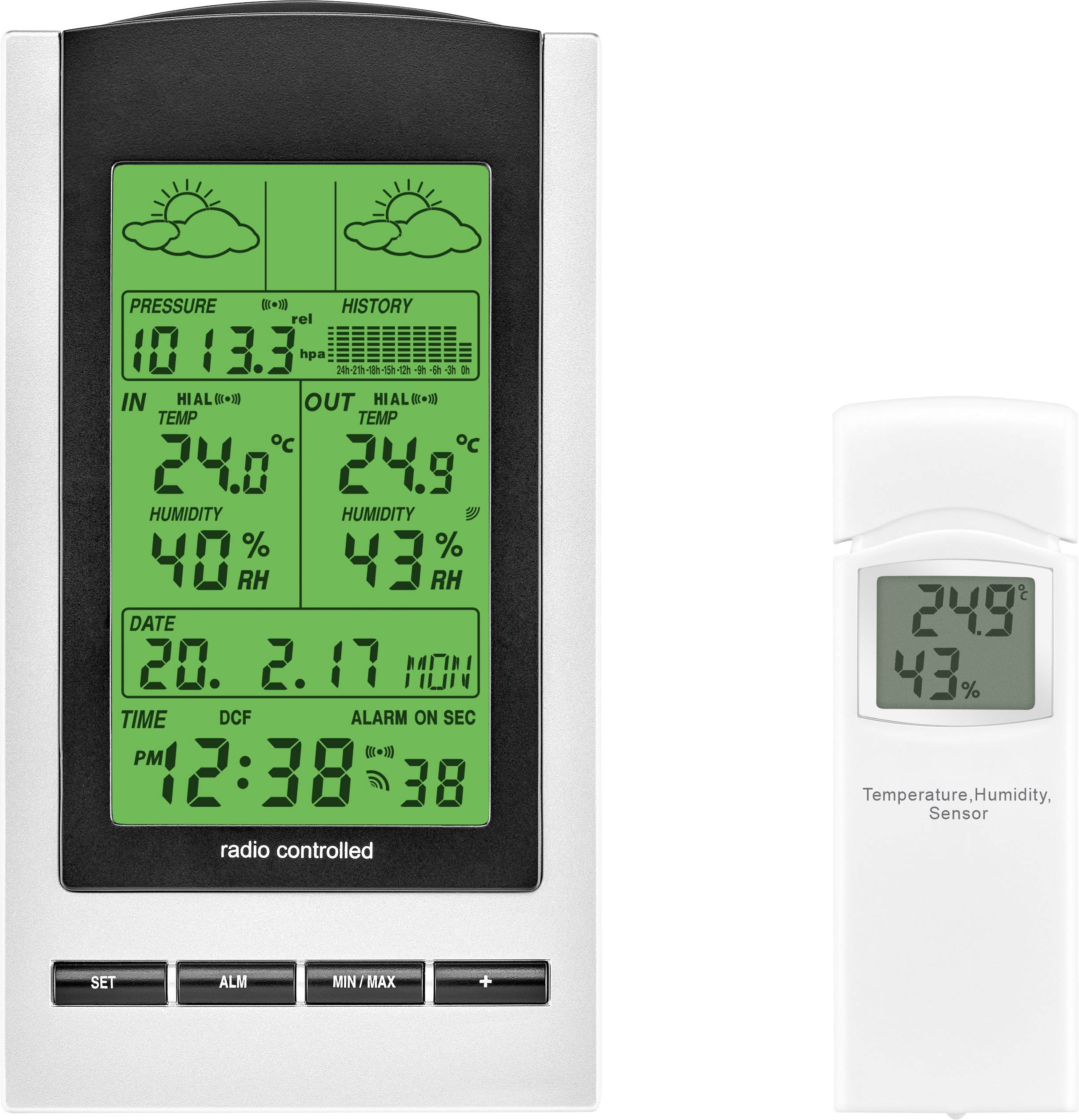Elektronički zaslon meteorološke stanice prikazuje: Unutarnja temperatura 24°C, vanjska temperatura 25°C, relativna vlažnost unutra 47%, datum 20.01.