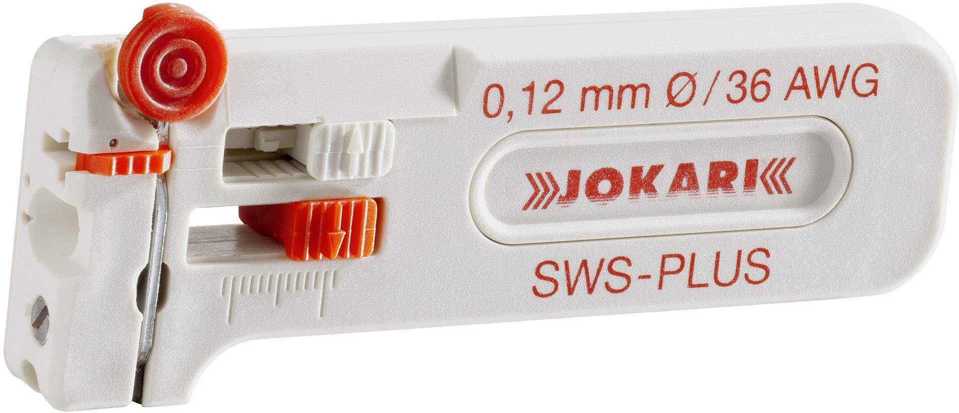 Kliješta za skidanje izolacije 'Jokari SWS-PLUS' za kablove promjera 0,12 mm, u bijeloj boji s crvenim naglascima.