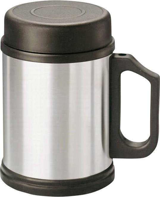 Metalna termo boca s crnim poklopcem i ručkom, pogodna za put ili ured, održava napitke toplim ili hladnim.