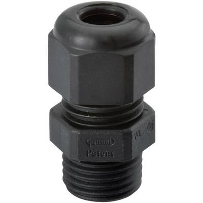 'Kabelska uvodnica od crne plastike s rebrasto utorenom žljebom i navojem. Oznake uključuju riječi "Patent" i simbol.'