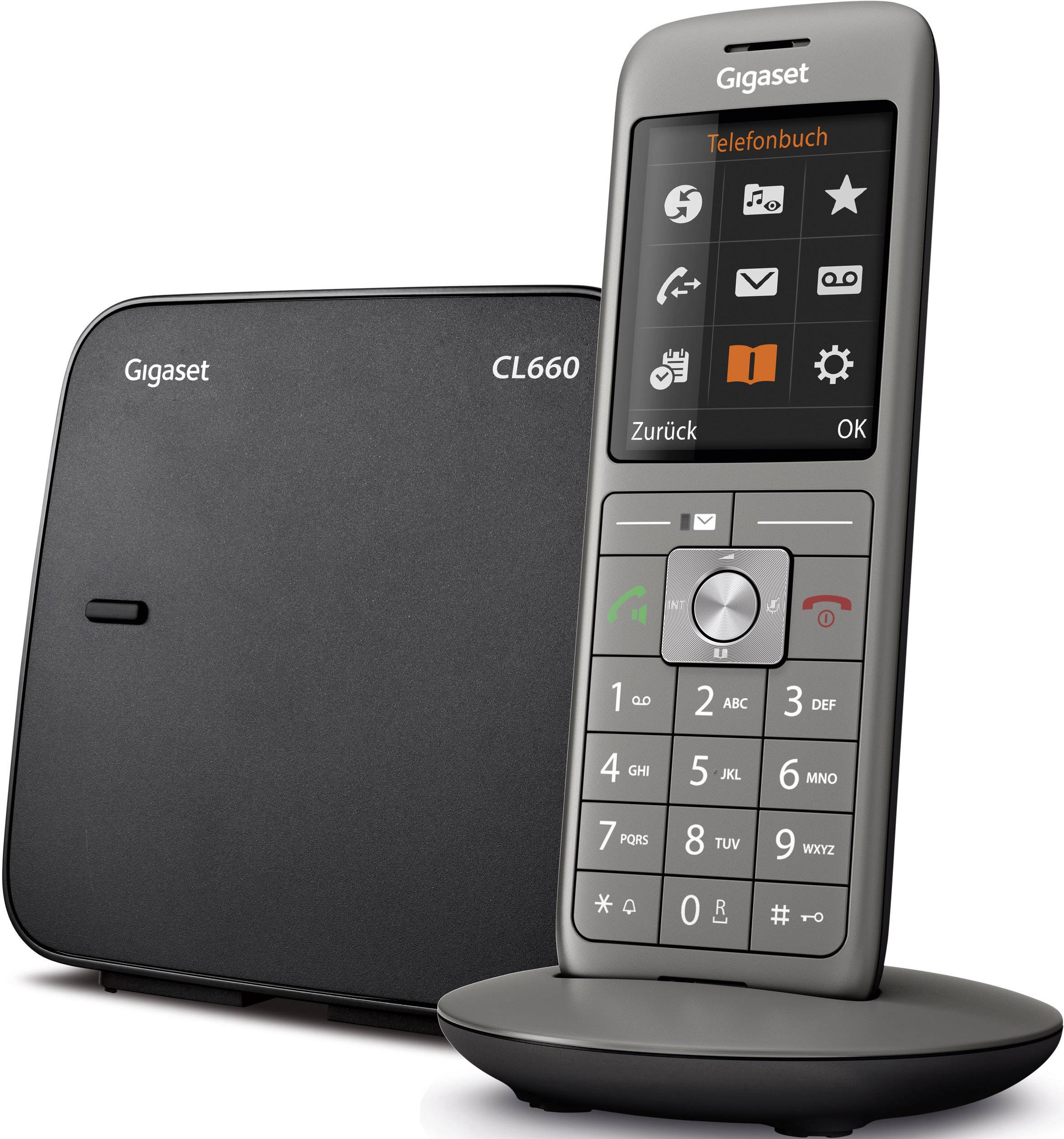 Bežični fiksni telefon Gigaset CL660 s baznom stanicom. Slušalica prikazuje korisničko sučelje s različitim izborničkim simbolima.