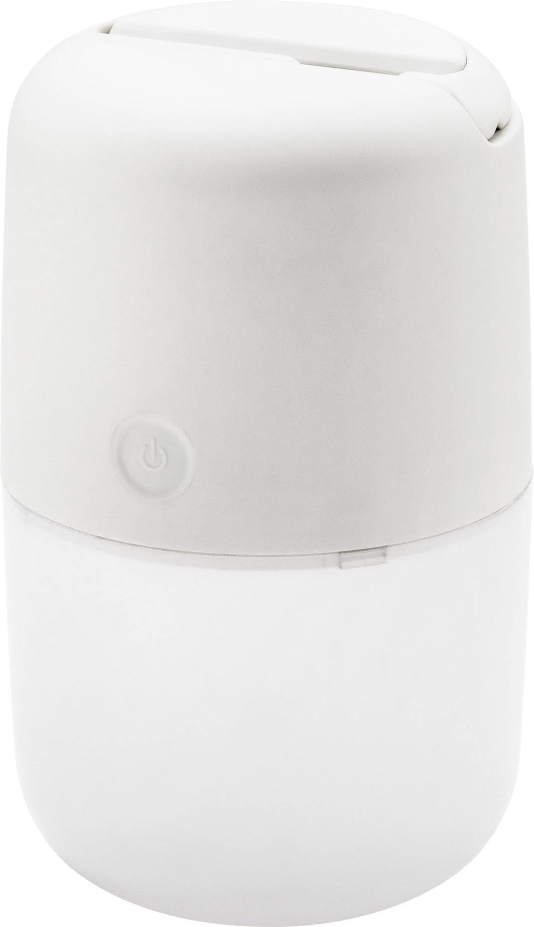 Bijeli, cilindrični, automatski dozator sapuna sa sjajnim poklopcem i tipkom za uključivanje sa strane.