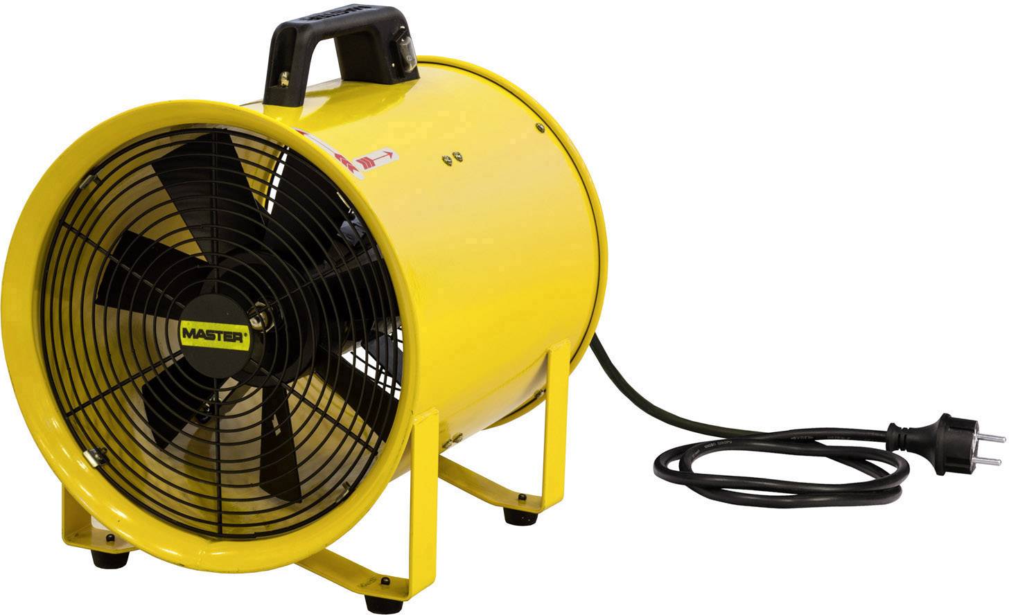 Žuti ventilator s crnim lopaticama i crnim strujnim kabelom, pogodan za industrijsko prozračivanje i hlađenje.