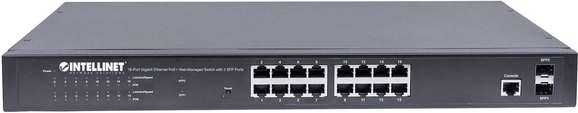 Crni mrežni uređaj s 16 Ethernet priključaka, LED indikatorima za statusne signale lijevo i logotipom proizvođača na lijevoj strani prednje ploče.