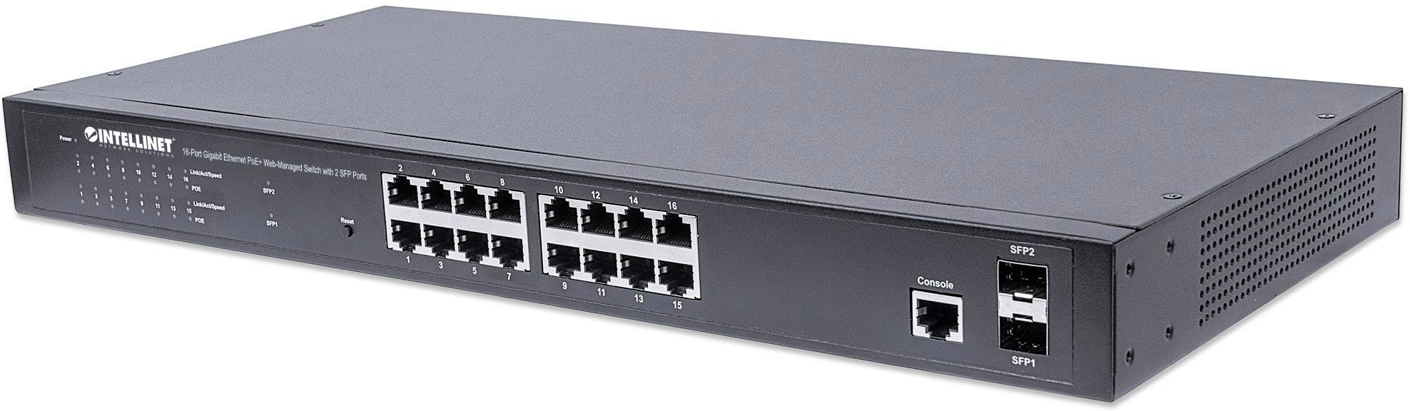 Crni mrežni switch s 16 Ethernet priključaka i dva optička (glasfiberska) priključka s desne strane. S lijeve strane nalaze se statusne LED indikatorske lampice.