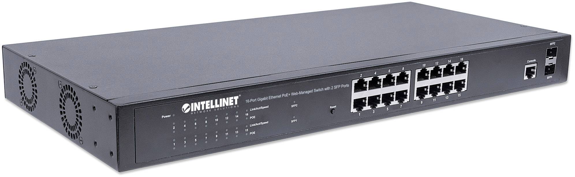 Crni mrežni switch Intellinet s 16 Ethernet porta i dva SFP porta. Pogodan za upotrebu u IT mreži.