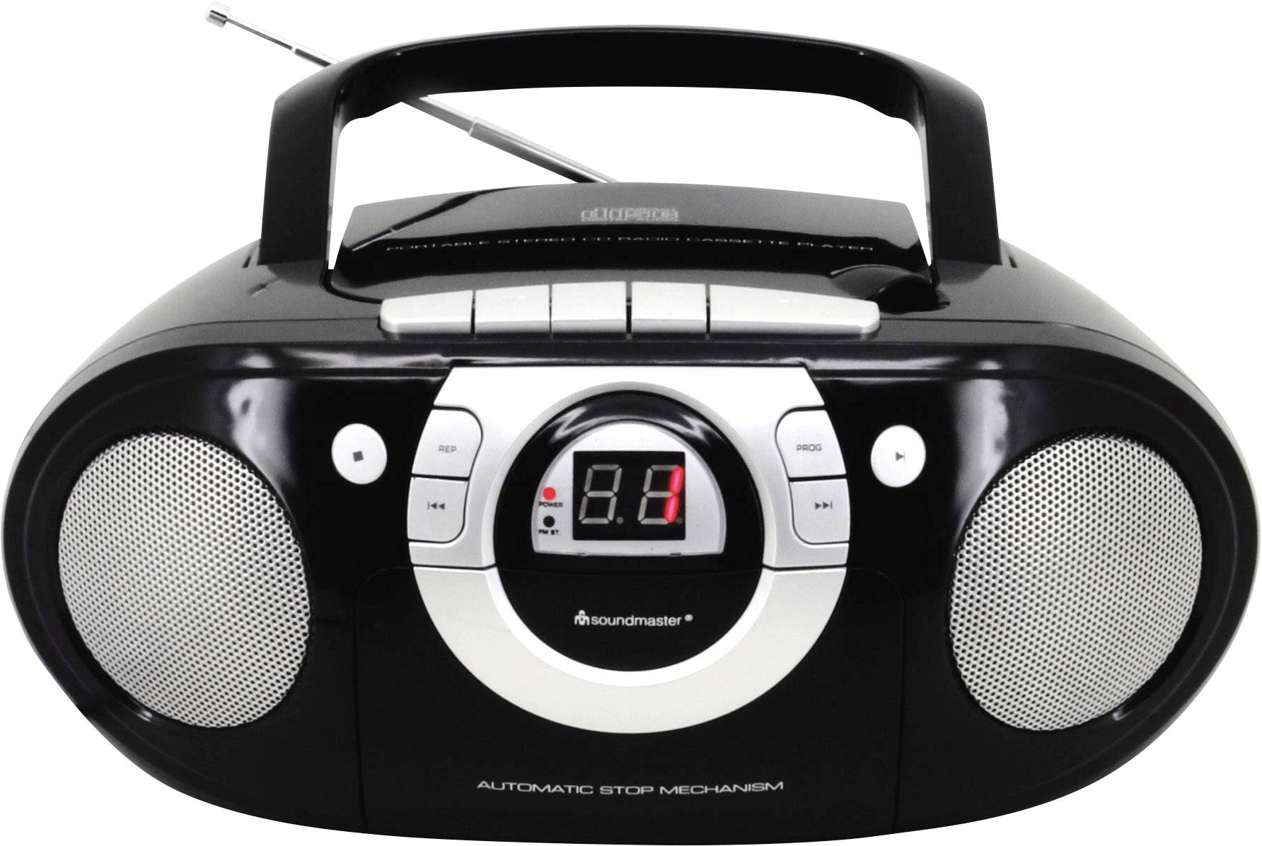 Crni prijenosni radio-CD player s antenom, zvučnicima i digitalnim zaslonom na prednjoj strani.