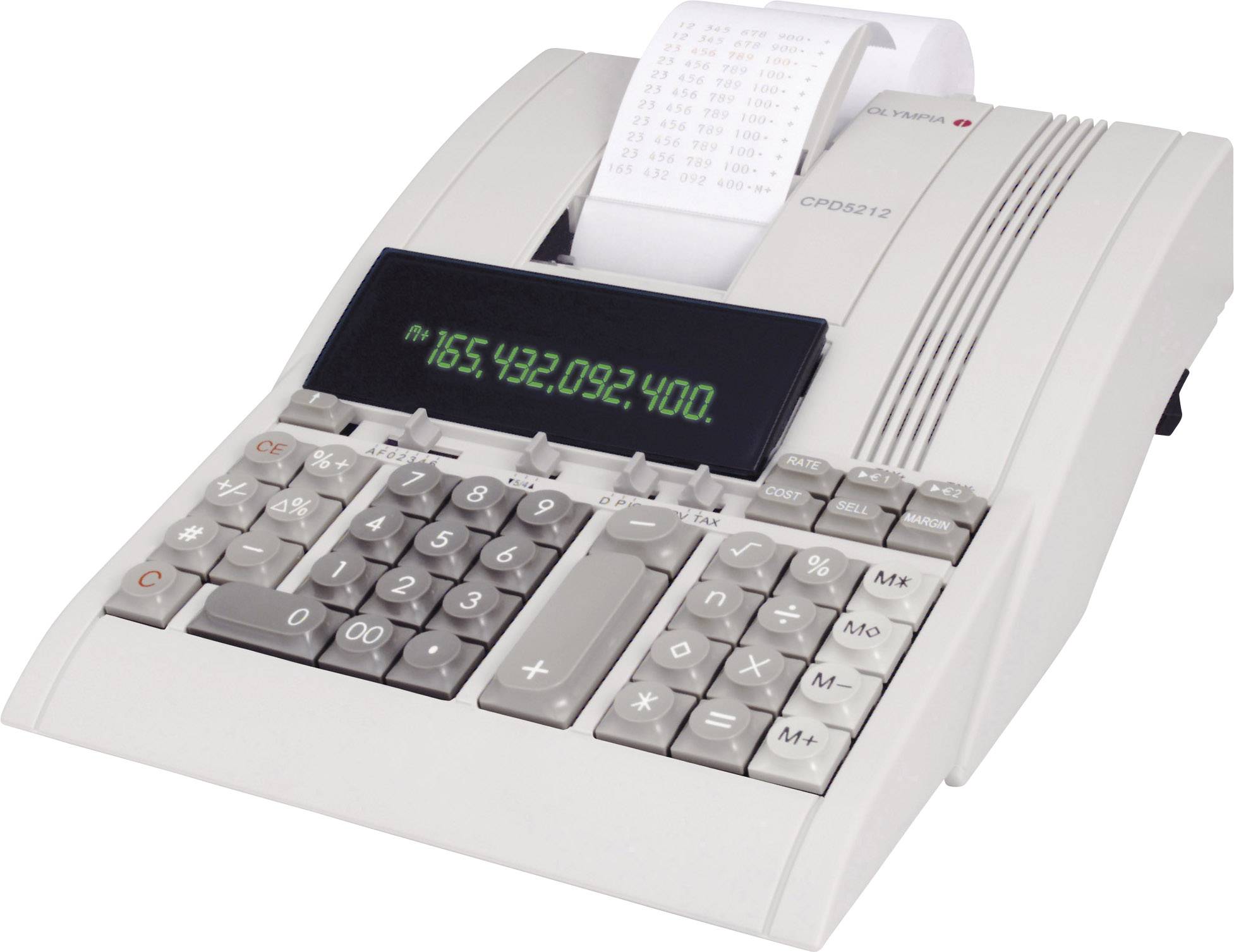Kalkulator za stolove s funkcijom ispisa na zaslonu prikazuje broj '165.432.092.400'. Vidljiv papirni traka s ispisanim brojevima.