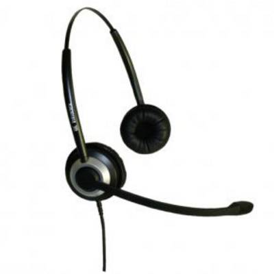 Crni dvostrani headset s mikrofonom, pogodan za telefonske pozive ili online sastanke.