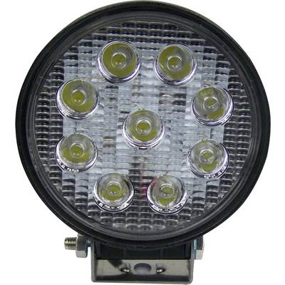 Okrugli LED reflektor s devet vidljivih LED žarulja na reflektirajućoj pozadini, pogodan za vozila i radne strojeve.