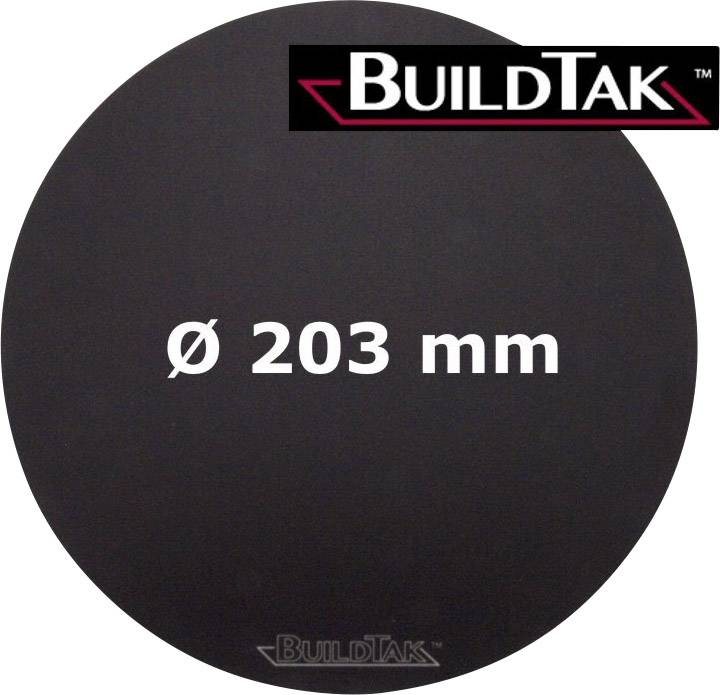 Crna okrugla ploča promjera 203 mm s tekstom 'BuildTak'.