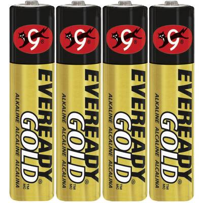 Četiri 'Eveready Gold' alkalne baterije poredane u nizu, svaka s logom i natpisom na crnoj i zlatnoj pozadini.