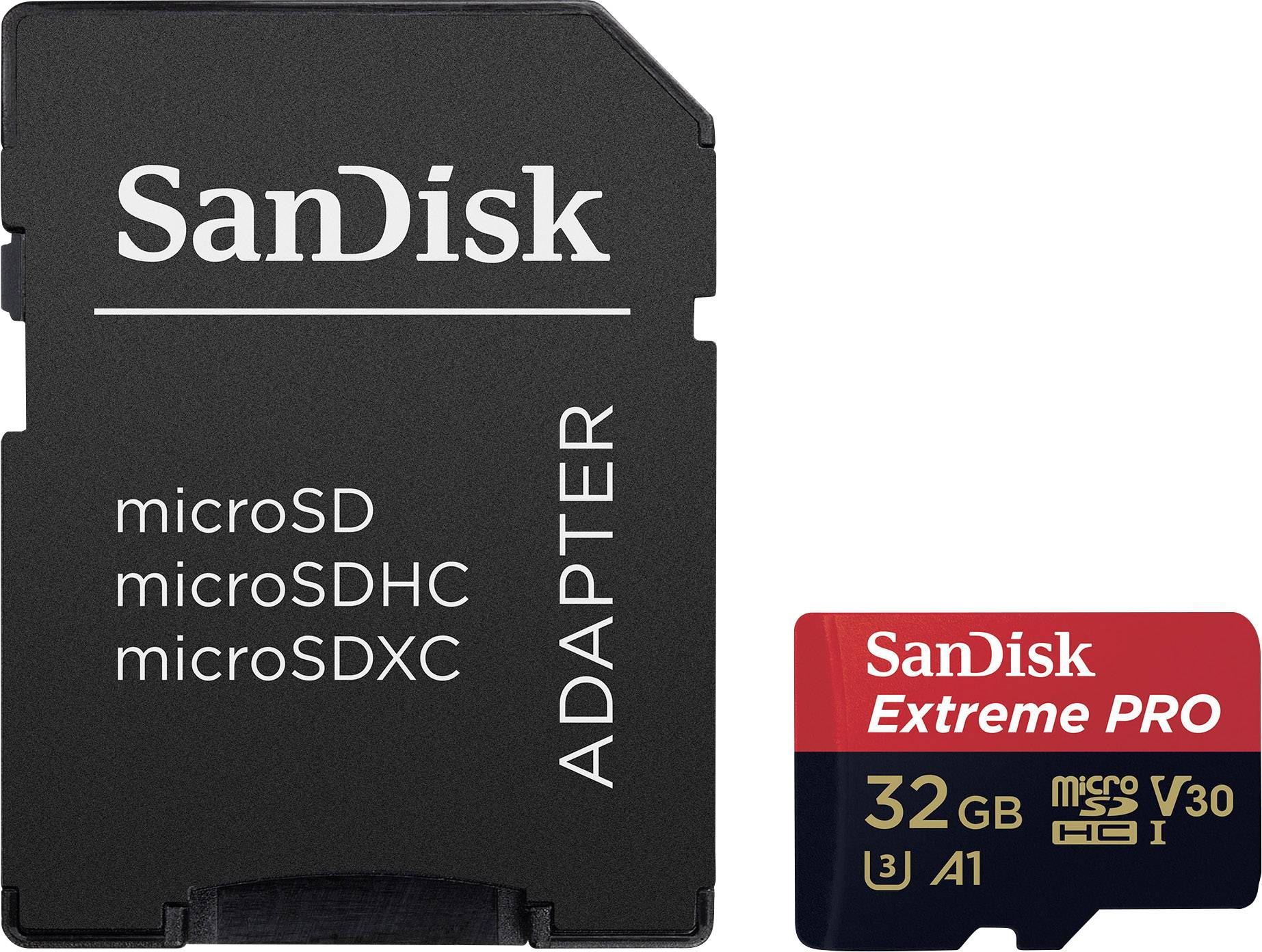 SanDisk microSD adapter pokraj crvene SanDisk Extreme PRO microSD kartice kapaciteta 32 GB, pogodne za brz prijenos podataka.