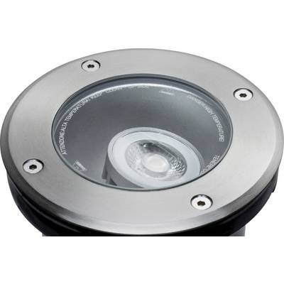 Okrugla, srebrna podna lampa sa staklenim poklopcem i vidljivim LED izvorom svjetlosti.