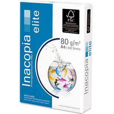 Pakiranje papirnate kutije sa 80 g/m² A4 papirom, 500 listova. Naziv marke 'Inacopia elite' i FSC logotip vidljivi. Dizajn s više obojenih riba.