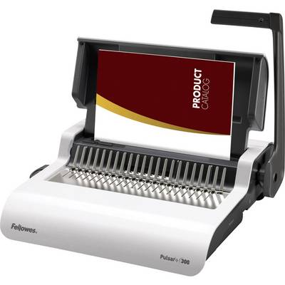 Električni uređaj za uvezivanje 'Fellowes Pulsar+ 300' s otvorenim poklopcem, prikazuje uvezenu crvenu brošuru s naslovom 'Product Catalog'.