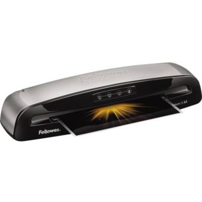 Crni laminator s izlazom za papir na kojem je otisnut slika sa sunčevim zrakama. Uređaj ima četiri funkcijske tipke.