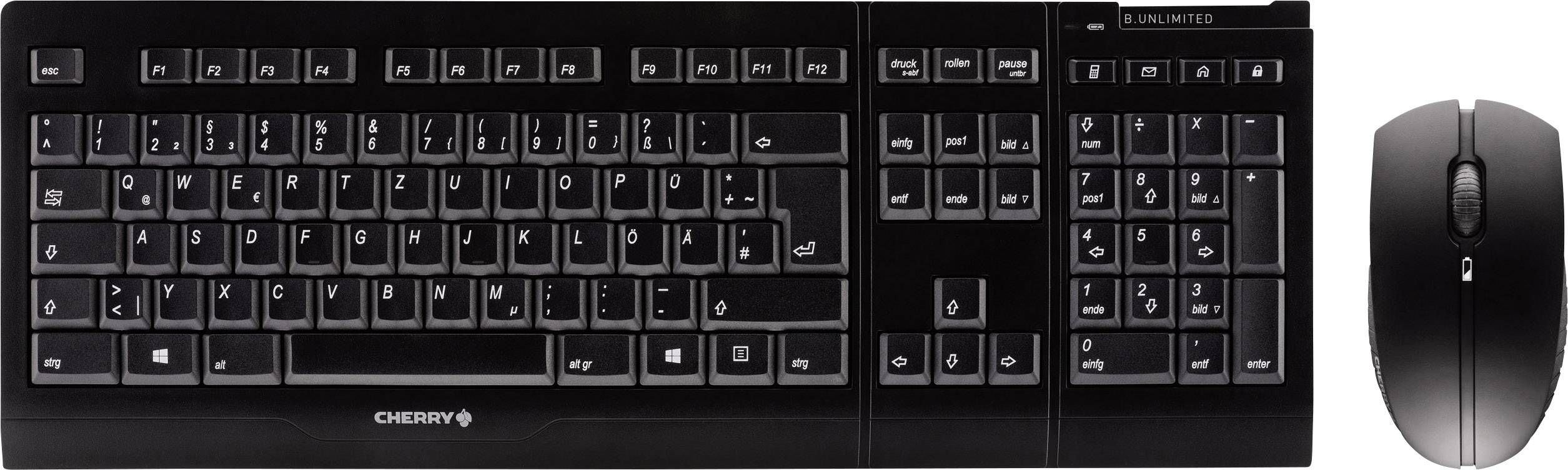 Komplet tipkovnice i miša, crni. Tipkovnica ima njemački QWERTZ raspored tipki. Oba uređaja su bežična.