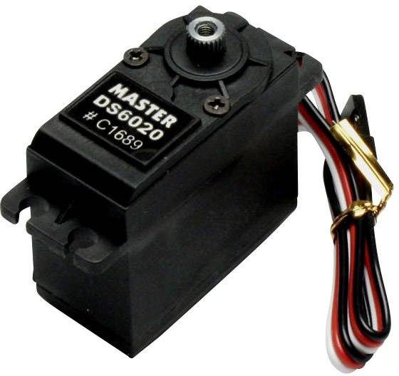 Servomotor s natpisom 'MASTER DS6020 # C1689'. Crno kućište s višebojnim kabelom. Pogodan za precizne zadatke upravljanja.
