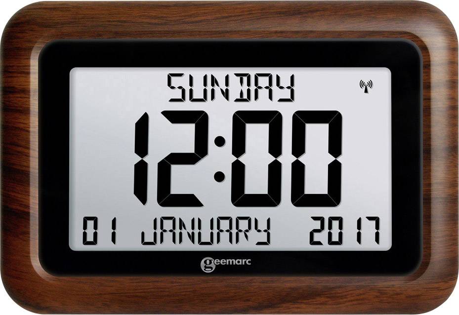 Digitalni sat s drvenim okvirom pokazuje 'Nedjelja, 12:00', datum '01. siječnja 2017.'