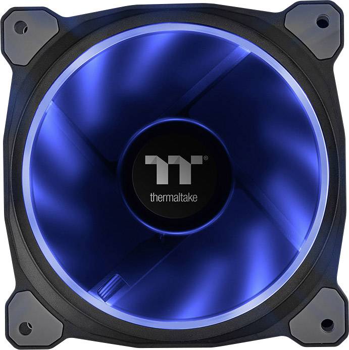 Okrugli, crni računalni ventilator s plavom LED svjetlošću u sredini. Pogled odozgo na Thermaltake logo u centru ventilatora.