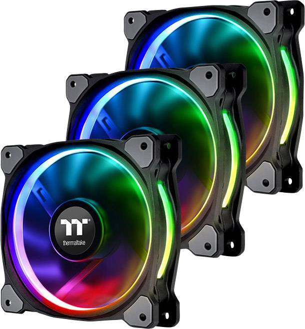 Tri osvjetljene računalne ventilatore s RGB LED-icama, geometrijski raspoređene. Crne su boje sa šarenim svjetlima duž rubova.