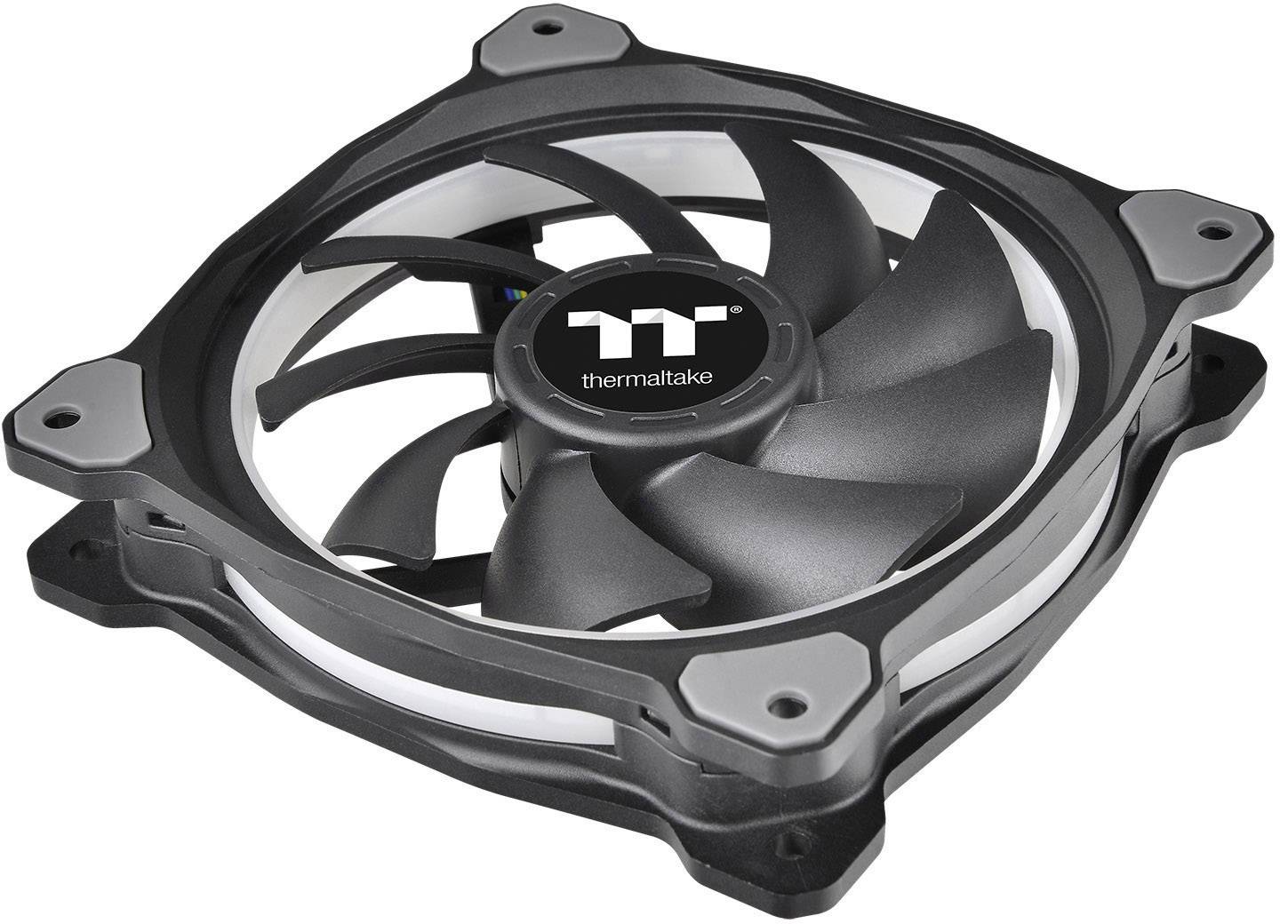 Crni računalni ventilator sa sivim akcentima i Thermaltake logotipom u sredini.