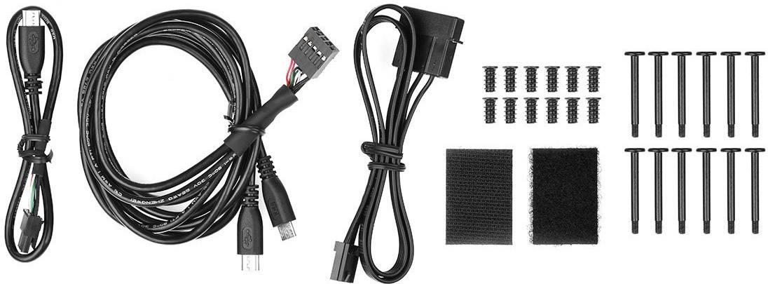 Razni PC kabeli i pribor, uključujući USB kablove, čičak-trake, vezice za kabele i vijke, na bijeloj pozadini.