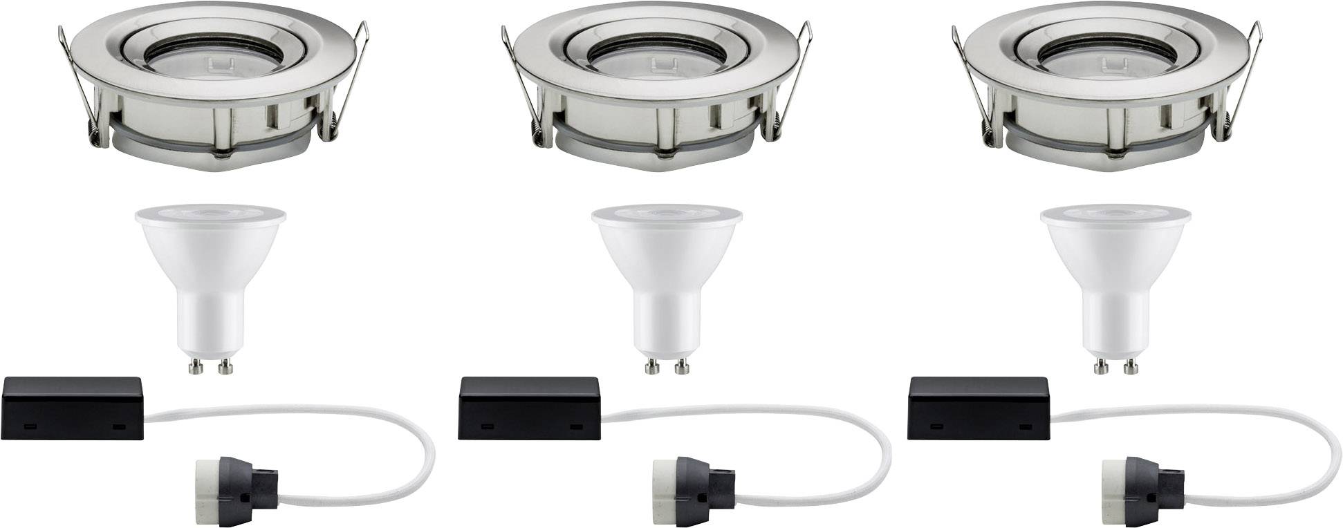 LED ugradbene reflektorske lampe: tri okrugla, srebrna kućišta gore. Dolje tri GU10 LED žarulje s kabelima i priključcima. Pogodno za ugradnju u strop.