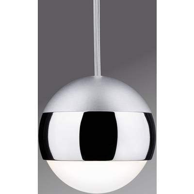 Moderna viseća lampa s kuglastim dizajnom u srebrnoj boji, obješena na kablu. Jednostavan i elegantan element osvjetljenja.