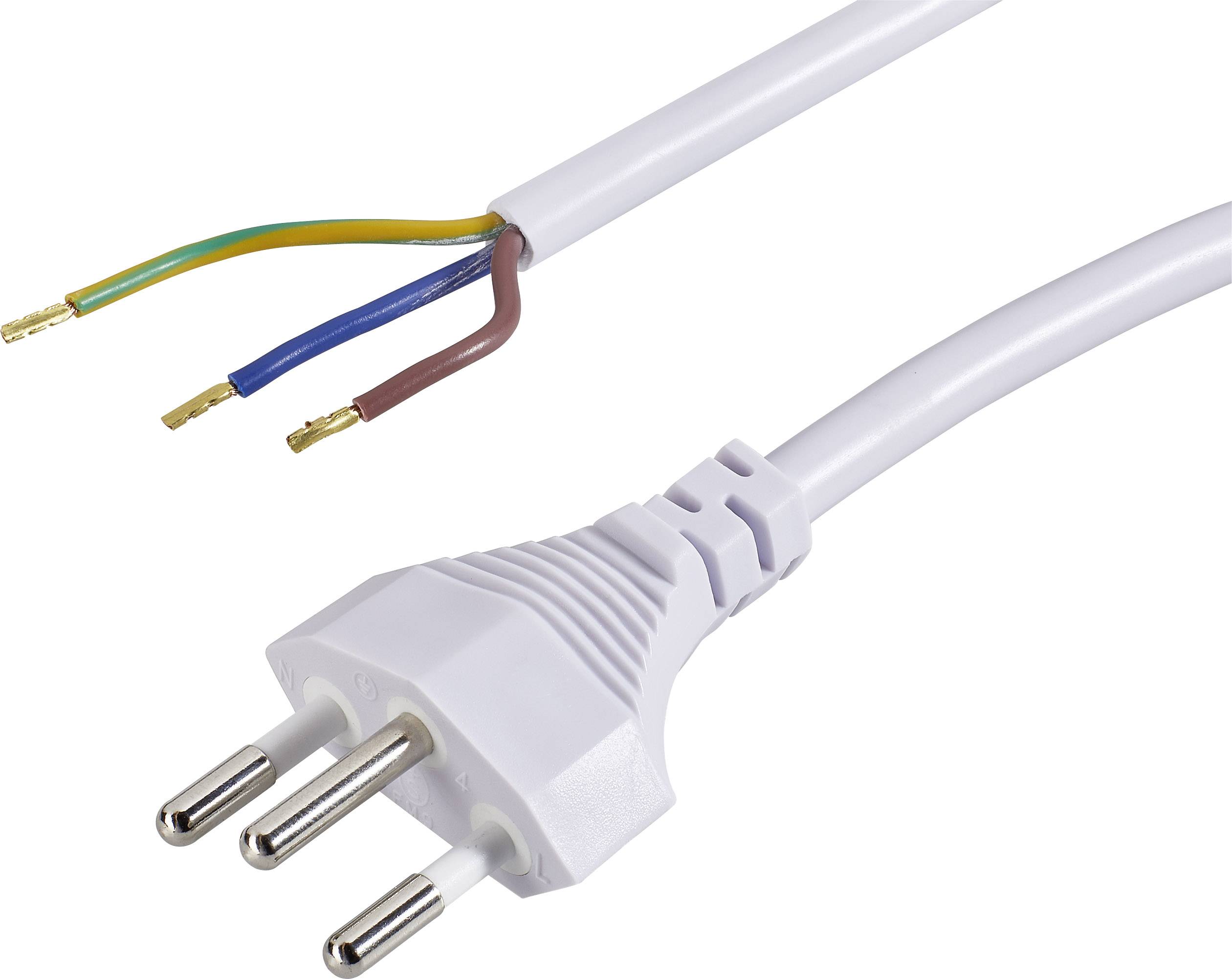 Bijeli električni kabel s jednim ogoljenim krajem prikazuje tri žice u žuto-zelenoj, plavoj i smeđoj boji te utikač s tri kontakta.