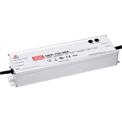 Srebrno napajanje marke 'MW Mean Well' s modelom HEP-150-36A. Pogodan za ulazni napon 100-240V i izlaznu struju od 4,2A. Klasificiran IP65.