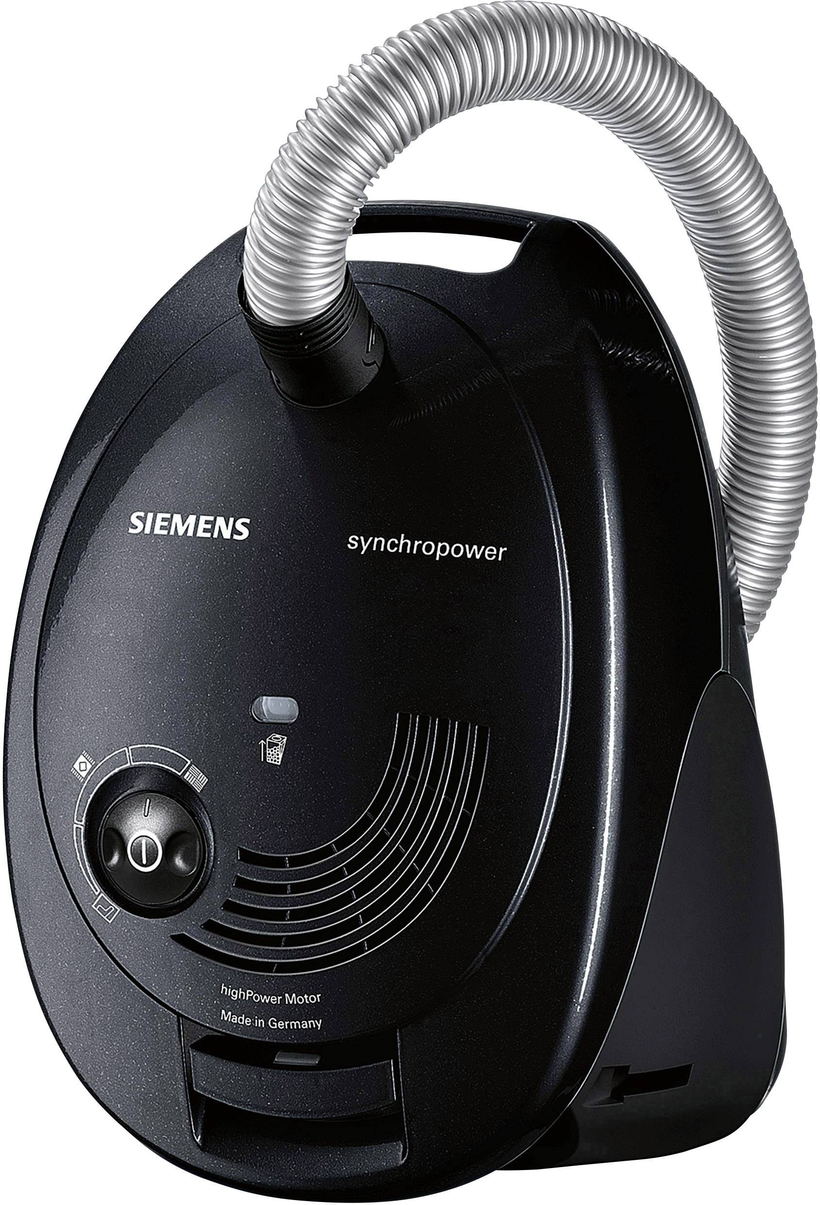 Crni Siemens usisavač sa srebrnim crijevom i upravljačkom tipkom na prednjoj strani. Naziv modela "synchropower" je vidljiv.