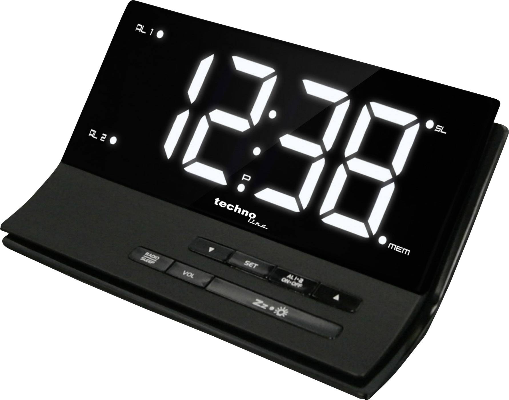Crni digitalni sat s velikom LED zastavom prikazuje '12:38' i opremljen je kontrolnim tipkama za podešavanje i funkciju alarma.