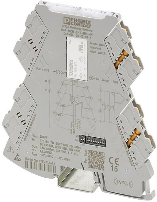 Sivi elektronički preklopni uređaj s oznakama i priključcima. Služi kao relejni uređaj za temperaturni prag u električnim sustavima.