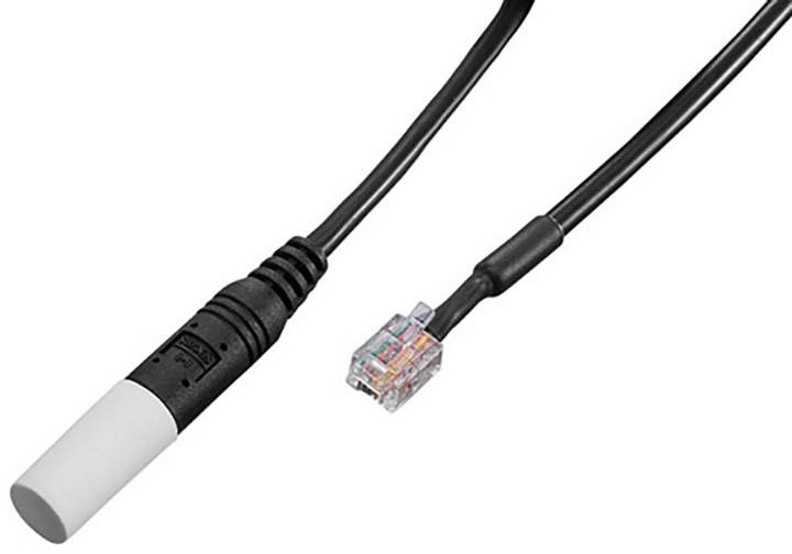 Crni kabel s RJ45 utikačem na jednoj strani i cilindričnim kućištem senzora ili adaptera na drugoj strani.