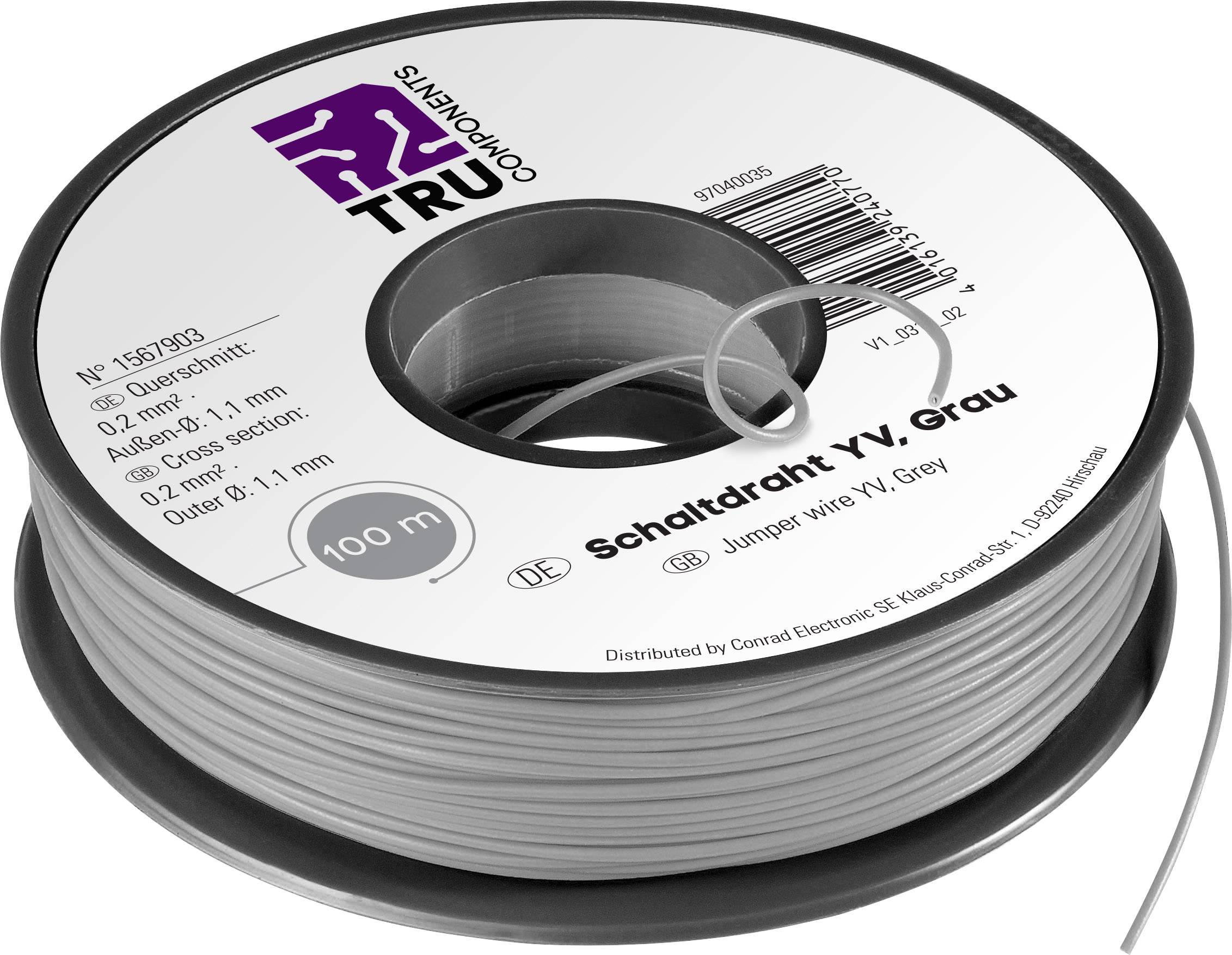 TRU COMPONENTS 1567903 spojna žica Yv 1 x 0.20 mm² siva 100 m