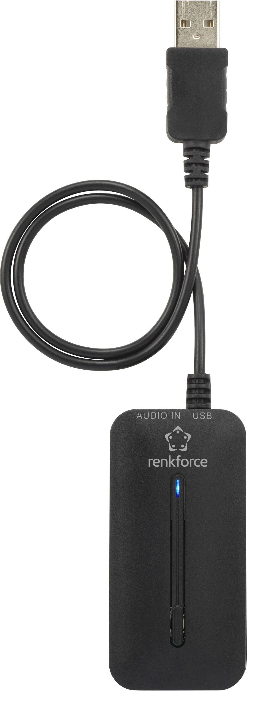 Crni USB audio prilagodnik za reprodukciju marke 'renkforce'. Gore USB utikač, dolje 3,5-mm audio izlaz.