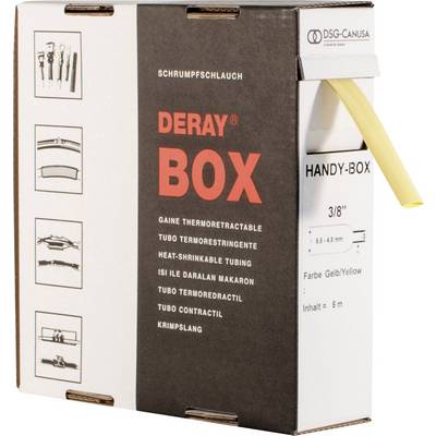 Zamotana rolna termo-skupljajućeg rukavca, označena kao 'DERAY BOX'. Boja žuta, širina 3/8", duljina 5 m. Marka: DSG-Canusa.