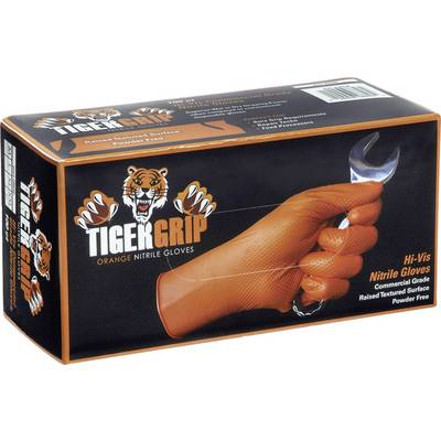 Pakiranje 'Tiger Grip' narančastih nitrilnih rukavica sa slikom ruke koja drži ključ.