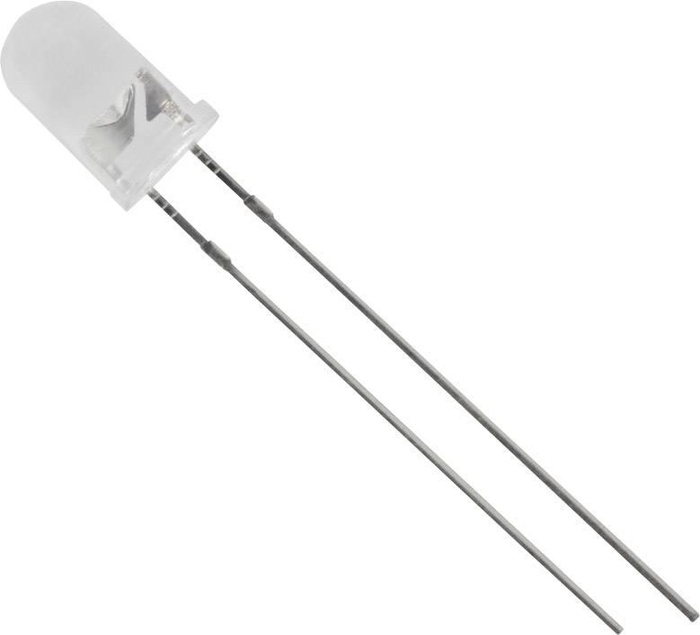 Prozirna LED s dva duga metalna priključka koja se koriste za napajanje strujom.