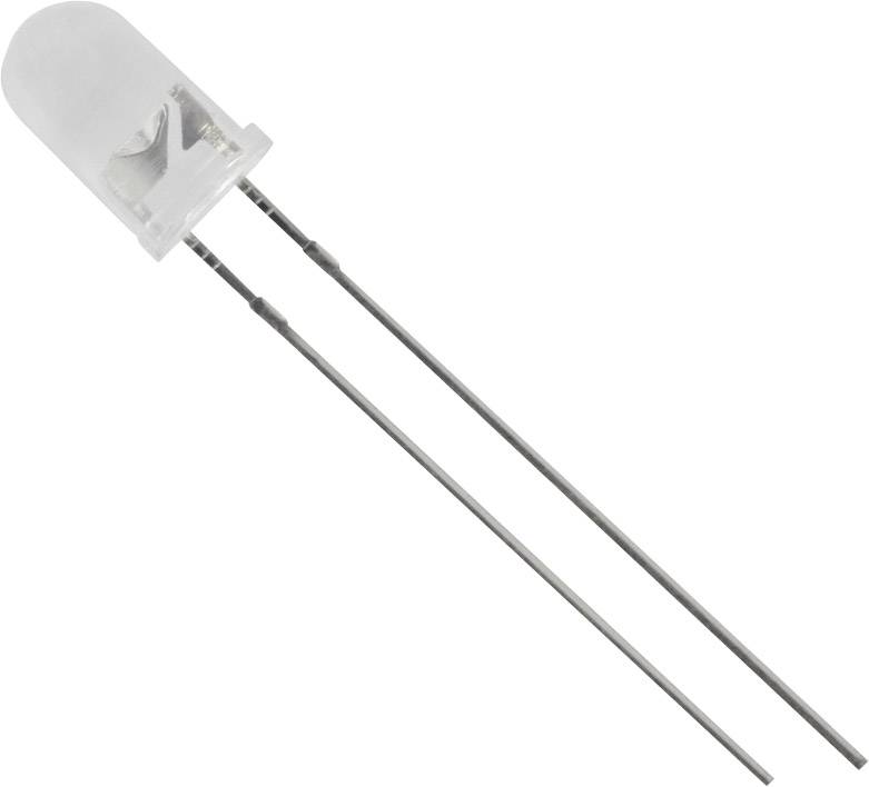 Prozirna LED s dva duga metalna priključka, prikazana na bijeloj pozadini.
