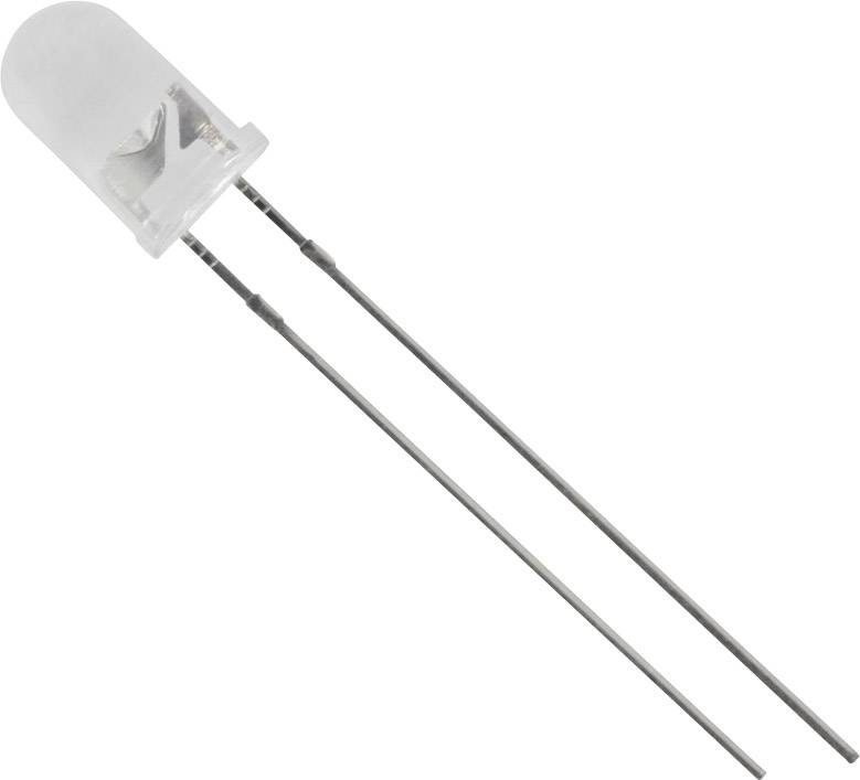 Jedna jednaka LED dioda s prozirnim, kupastim plastičnim poklopcem i dva metalna priključka.